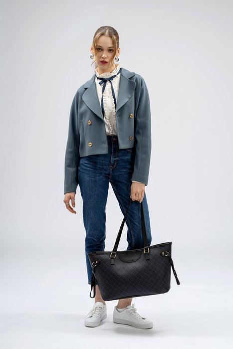 Lucky Bees 355 v2 Bolso Tote de Piel de Polivinilo Negro y Gris, 37x15x28 cm